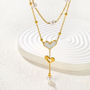 Double-layered golden heart necklace with white pearls and heart pendants for women