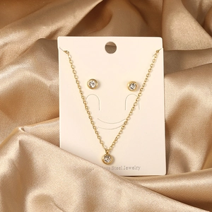 Bijoux En Acier Inoxydable Collier Et Boucles D'oreilles Puces Zircone Cubique Ronde Incrustée Mode Simple Géométrique Femmes