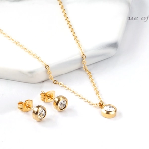 Parure de bijoux élégante en acier inoxydable doré avec collier cristal rond et boucles
