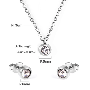 Détails d'ensemble bijoux en acier argenté avec pendentif et puces en zircon 6mm