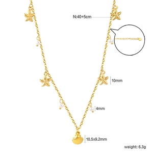 Detailed view of starfish and pearl necklace dimensions with adjustable extension chain