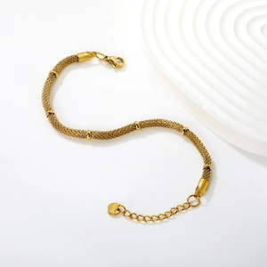 Minimalist 18k gold plated stainless steel mesh chain bracelet with ring accents