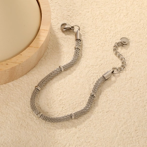 Silver woven mesh stainless steel bracelet with smooth metal beads and lobster clasp
