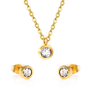 Parure en acier inoxydable doré avec collier à cristal blanc rond et boucles d'oreilles