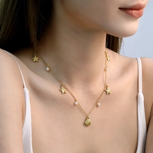 304 Stainless Steel Starfish Shell Pendant Necklace With Faux Artificial Pearl Gold Plated Beach Vacation Jewelry For Women