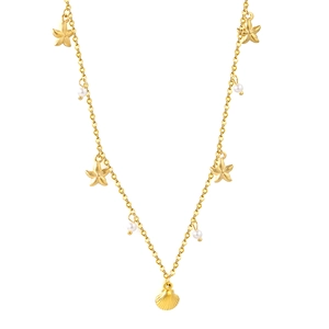 Golden starfish and seashell necklace with white pearls on a minimalist metal chain