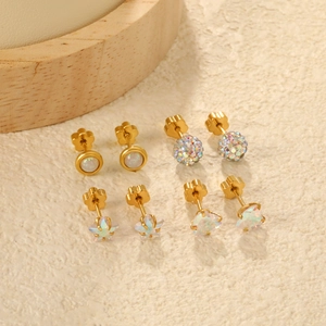 Gold Plated Stainless Steel Stud Earrings Colorful Rhinestone Faux Opal Heart Star Round Shapes Chic Trendy Jewelry