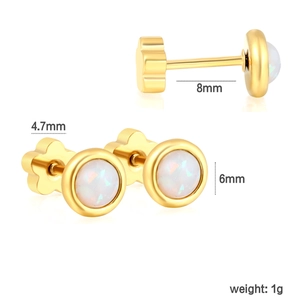 Technical dimensions showing 6mm round opal earrings with 8mm stainless steel screw back