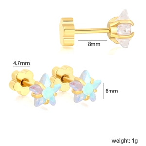 Detail view of gold star stud earring with opal inlay and secure screw flower backings