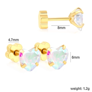 Detail view of gold heart stud earrings with colorful opal stones and 8mm pin size