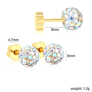 Detail of colorful crystal ball earrings with flower screw backs and dimensions