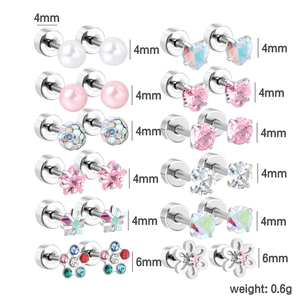 12 pairs of minimalist stainless steel earrings featuring stars, hearts and pearls