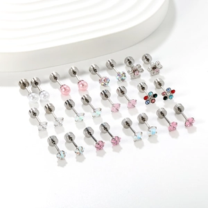 12 pairs of stainless steel stud earrings set with colorful crystals and pearls