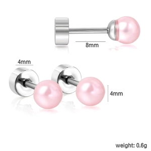 Macro detail of 4mm pink pearl stud earrings with 8mm stainless steel posts and base