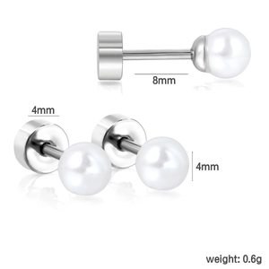 Detail view of pearl stud earrings with 4mm pearls and dimensions of 8mm pin length