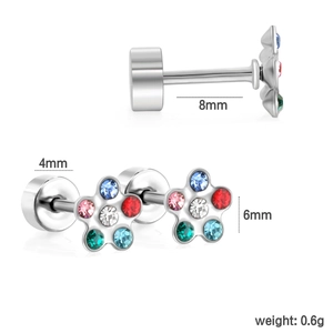 Detailed view of flower-shaped colorful zircon earrings with dimensions and specifications