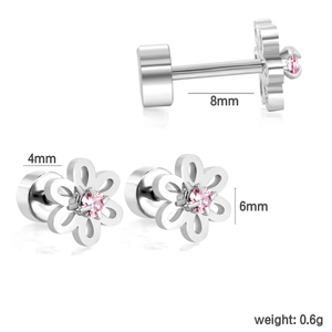 Detailed views of silver flower stud earrings with pink zircon and 8mm stem dimensions