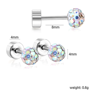 Macro detail of 4mm rainbow crystal ball stud earring with 8mm stainless steel bar
