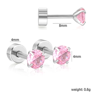 Detailed view of pink zircon stud earrings with silver screw back flat design measurements