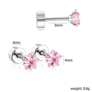 Macro detail of star-shaped pink crystal stud earring with size and weight dimensions