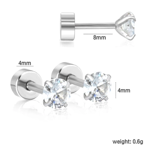 Macro shot of 4mm cubic zirconia stud earrings with flat back and 8mm stainless steel posts