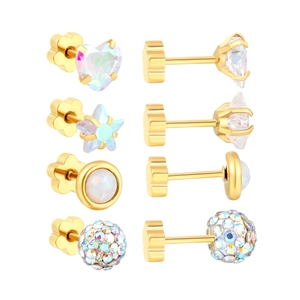 Set of 4 gold crystal stud earrings featuring heart, star, round opal and pavé ball designs