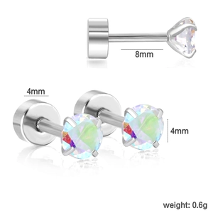 Macro detail of 4mm opal stud earrings with 8mm stainless steel posts weighing 0.6g