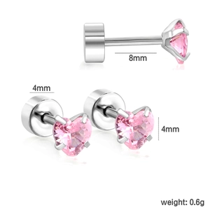 Detailed view of pink heart zircon earrings with 8mm length and 4mm width dimensions