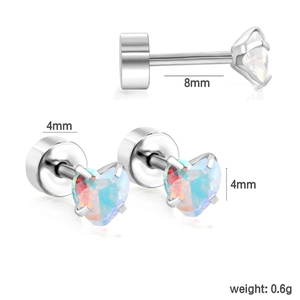 Detail view of heart-shaped opal stud earrings with 8mm posts and 4mm stones