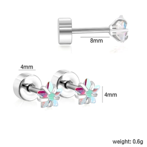 Detailed view of star stud earring showing 8mm bar length and 4mm iridescent gem size
