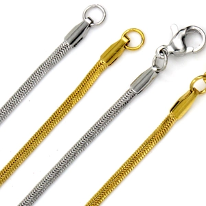 Detail of 2mm gold and silver snake bone chains with lobster clasps and polished finish