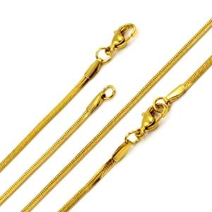 Close-up of golden 2mm snake chains with lobster clasp and sleek metallic finish