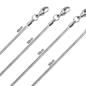 Four 2mm stainless steel snake chains in various lengths with lobster clasps