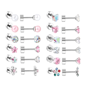 12 pairs of colorful zircon and pearl stainless steel stud earrings in various shapes