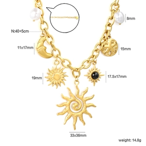 18k gold plated chunky chain necklace with moon pearl and sun charms on white background