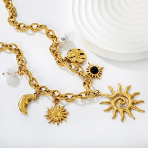 Gold chunky chain necklace with sun moon charms and white baroque pearls