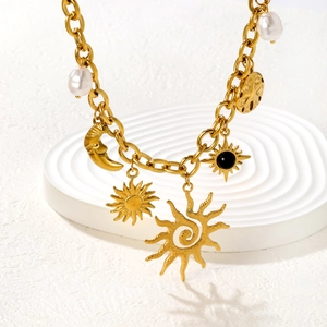 18k gold plated stainless steel sun and moon necklace with pearls and black gemstone