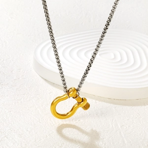 Collier bicolore en acier inoxydable avec pendentif fer à cheval doré poli en forme de U