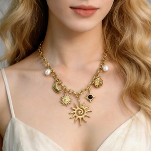 Celestial Pendant Necklace Stainless Steel Gold Plated Sun Moon Star Charms Imitation Artificial Pearl Black Gemstone Vintage Bohemian Jewelry For Women