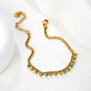 Gold-plated stainless steel chain bracelet with blue beads and round golden pendants