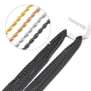 Detail of 18K gold and silver stainless steel rope chains in four metallic finishes