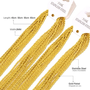 Macro shot of 2mm gold plated 316L stainless steel rope chain necklaces in multiple lengths