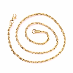 Detailed view of coiled 18K gold plated stainless steel rope chain with lobster clasp