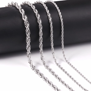 Detail view of four different thicknesses of twisted rope chains in silver finish