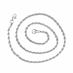 Macro detail of high-polish silver stainless steel rope chain with secure lobster clasp