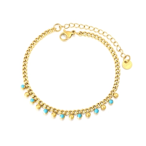 Gold hollow circle link bracelet with blue beads and lobster clasp in stainless steel