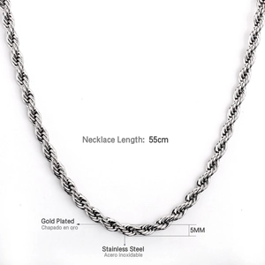 Detailed view of 5mm wide 55cm long stainless steel twist chain necklace with silver finish
