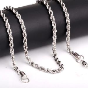 Polished silver stainless steel rope chain necklace with lobster clasp for daily wear