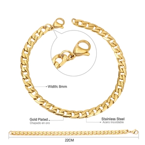 Bracelet cubain en acier inoxydable doré de 8 mm avec texture gravée et fermoir mousqueton