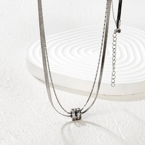 Elegante collana a doppio strato in acciaio inossidabile argento con catena a spina di pesce